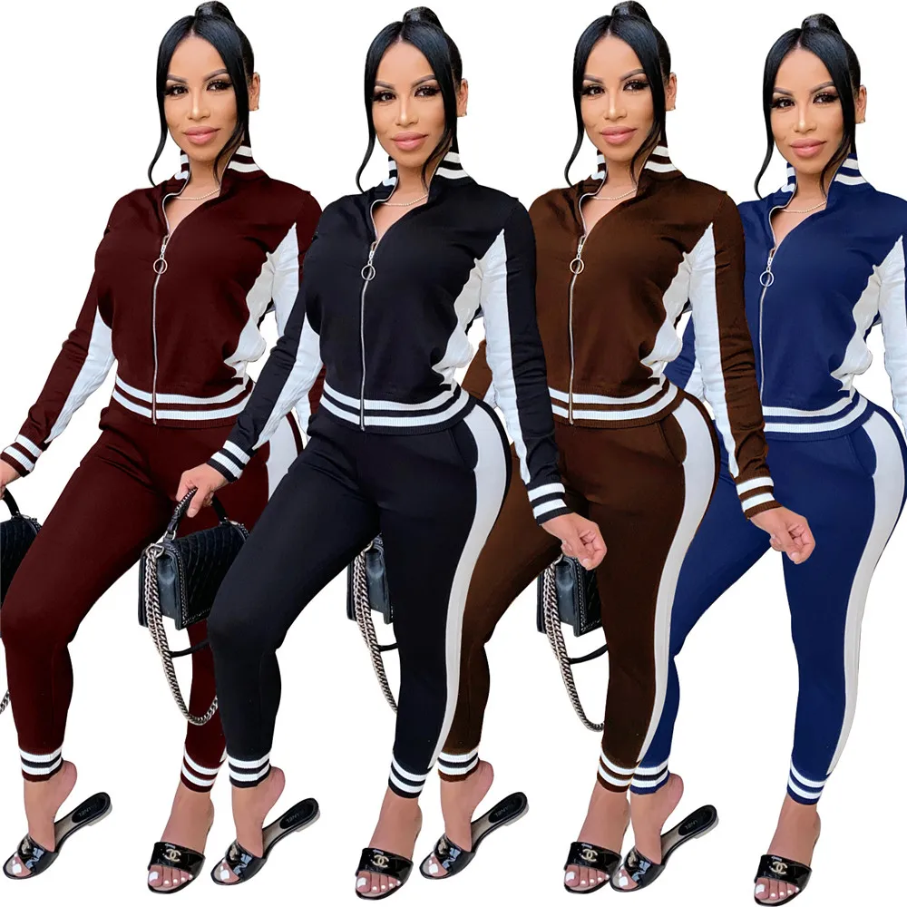 

Striped Women Tracksuit Cardigan Hoodie Long Pant Two Pieces Set for Women Slim Patchwork Female Sports Sets