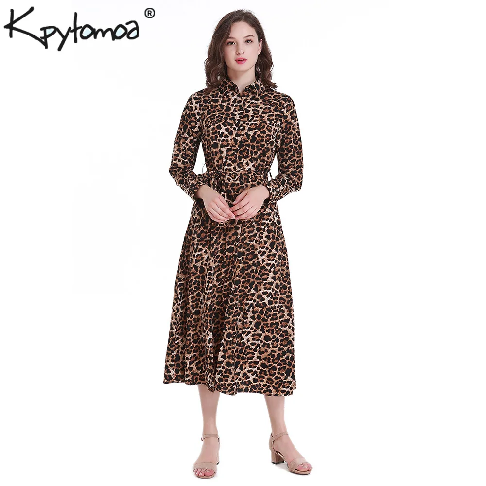 Винтажное длинное платье-рубашка с леопардовым принтом и поясом для женщин, модное Платье макси с длинным рукавом и животным узором, повседневные платья vestidos mujer