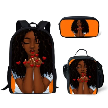 

Girl Printed School Bag Set Travel Book Bag Kids Mochila for Gifts for Teenagers Girls Student Kawaii African Black