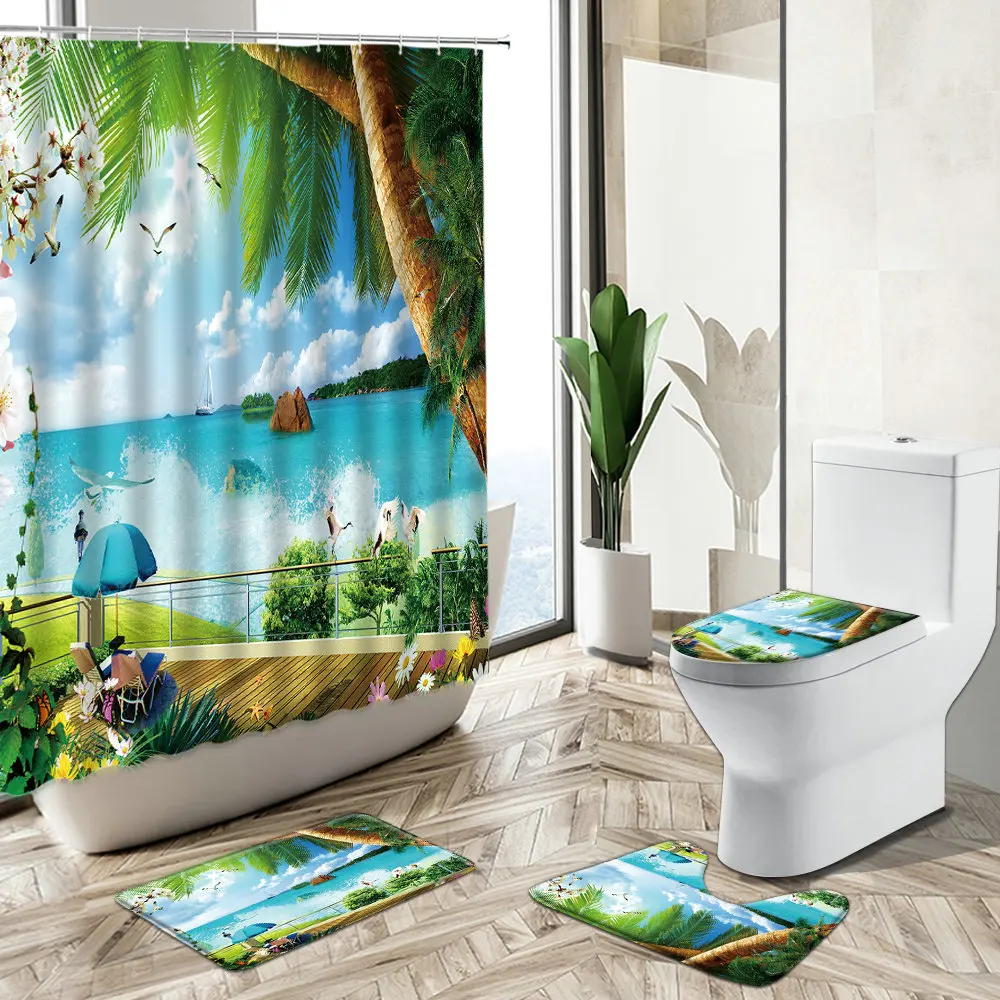 

Blue Ocean Beach Starfish Scenery Shower Curtain Summer Tropical Green Plants Palm Tree Rug Toilet Cover Home Bathroom Decor Set