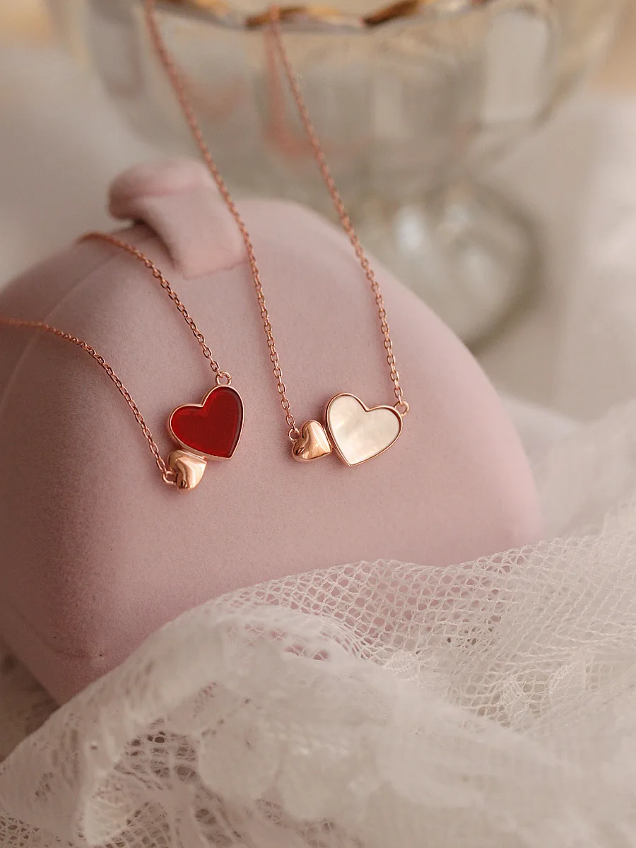 

925 Sterling Red Two Pieces GIRL'S Necklace Red Heart Peach Heart Short Mother-of-pearl Choker