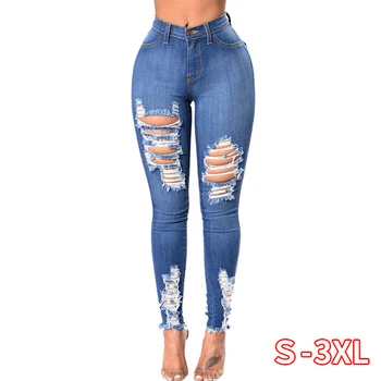 

Hole Female High Waist Sexy Pencil Jeans Fashion Women Pocket Skinny Slim Trousers Blue Ripped Denim Stretch Pants 2XL