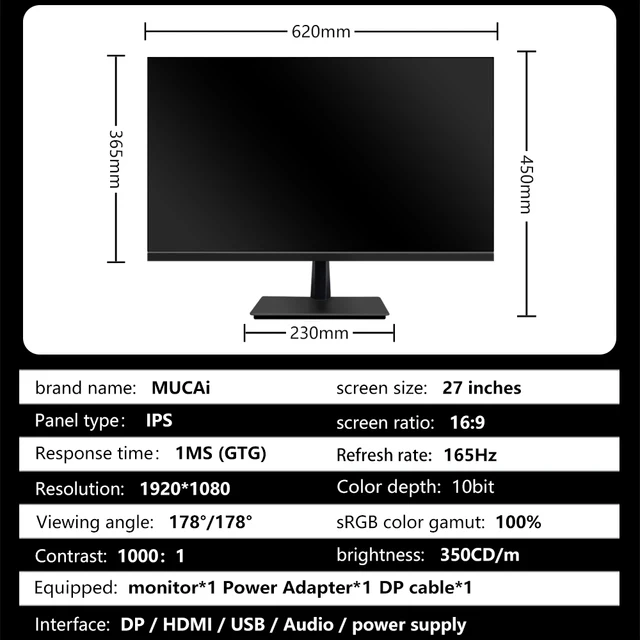 MUCAI 27 Inch PC IPS Monitor 144Hz LCD Display HD 165Hz Desktop Gaming Computer Screen Flat Panel HDMI/DP 6