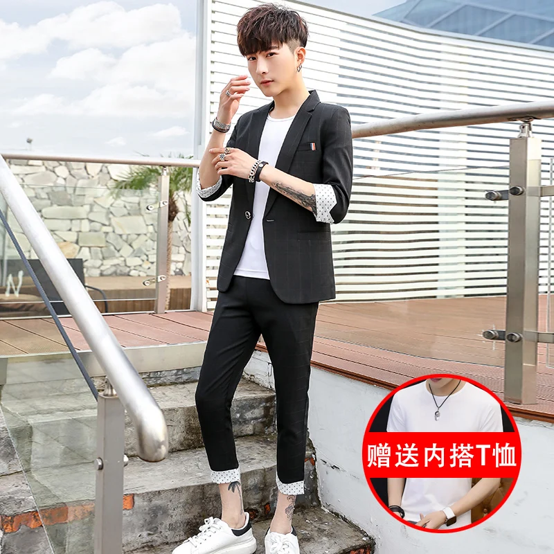 Новые модные летние мужские костюмы Slim Fit 3/4 рукав короткая куртка брюки 2 шт набор одна кнопка C93 - Цвет: SSMF-505