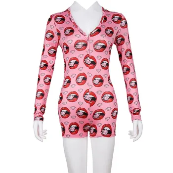 

2020 NEW Women Casual Romper Sleepwear Slim Fit Bodycon Stretch Leotard Jumpsuit Sexy Deep V Neck Long Sleeve Print Bodysuit