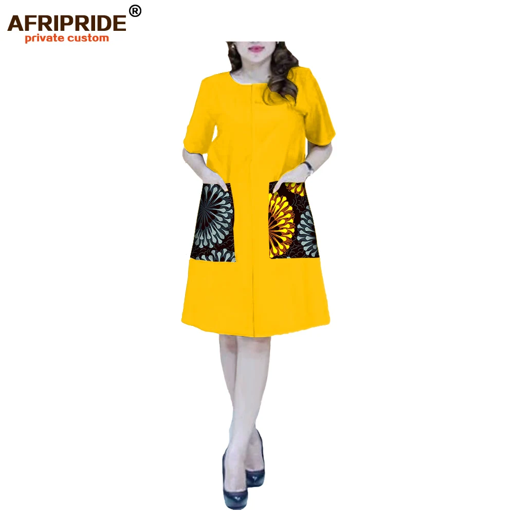 Африканское осеннее платье для женщин AFRIPRIDE Повседневное платье с коротким рукавом и круглым вырезом длиной до колена на молнии с 2 большими карманами A7225122