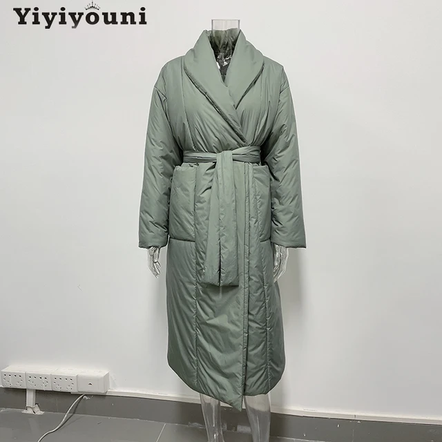 Yiyiyouni Winter Thicken Belted Padded Parkas Women Cotton Loose Warm Down Jackets Female Long Bubble Coat Solid Overcoat 2021 5