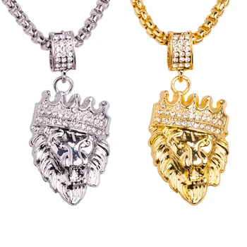 

For Men Gold Punk Pendant Chain Charm Micro Inset Crystal Bling Zircon Lion Head Necklace Retro Hip Hop Rock Body Jewelry
