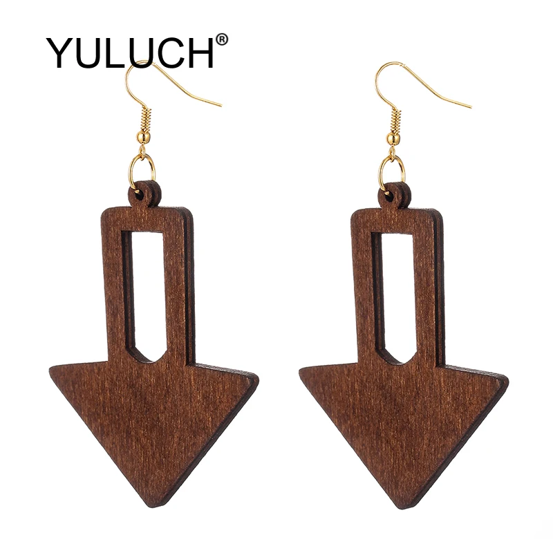 

YULUCH Personality Women Hyperbole Black Natural Hollow Wooden Arrow Indicator Pattern Big Long Dangle Earrings Fashion Jewelry