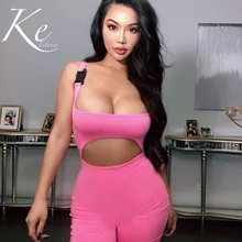 KE Комбинезон розовый женский сексуальный плотный Холтер жилет стиль брюки костюм топ рукав длина без рукавов с открытой спиной, укороченная