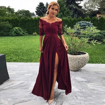 

2020 Lace Prom Dresses Off Shoulder Side Split A Line Formal Party Evening Gowns Wear Custom Made