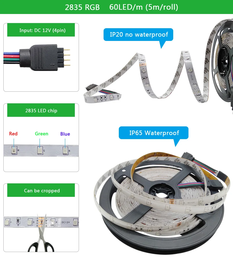 LED Strip Light RGB 5050 2835 Flexible Ribbon WiFi Bluetooth 12V led strip 20M 5M 10M 15M Waterproof Tape Diode+Control+Adapter