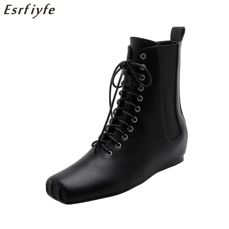 

ESRFIYFE Top Quality Cow Leather Winter Square Toe Motorcycle Boots 7cm Height Increaseing Side Zipper Ankle Boots for Women