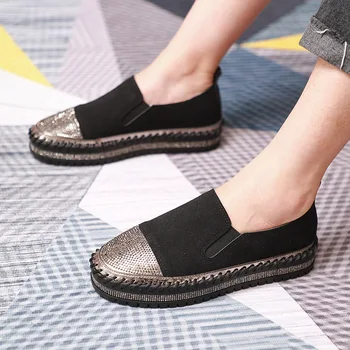 

2020 women's fashion slip on loafers rhinestone thick bottom casual round head lazy shoes woman non-slip black beige flats