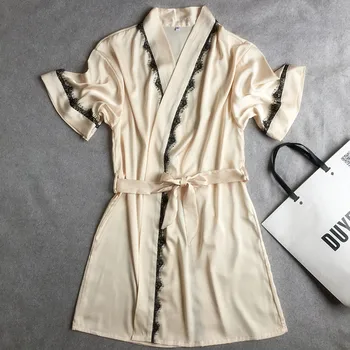 

Female Champagne Robe Gown Black Lace Trim kimono Bathrobe Sexy V-Neck Rayon Nightdress Summer Short Sleeve Sleepwear With Belt