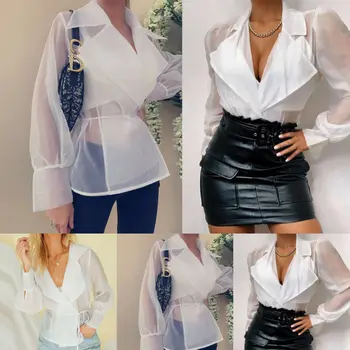 

Women Sexy Puff Sleeve Blouse Tops Ladies See-through Club Party OL T Shirt Bikini Cover Up Beachwear