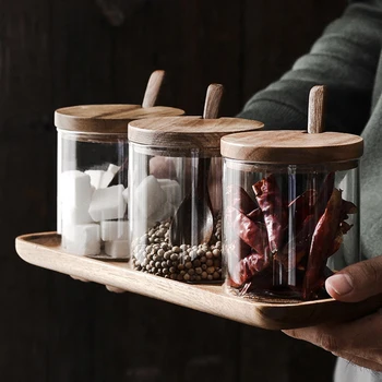 

3 Pcs/Set Glass Spice Jars Seasoning Bottle Glass Sugar Pepper Storage Jar Salt Jars with Wooden Lid Spoon Kitchen Storage