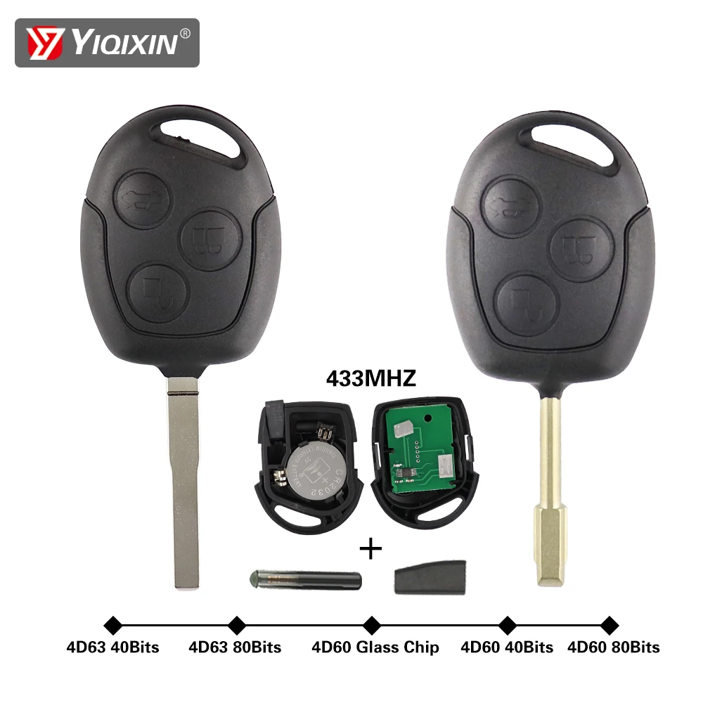 

YIQIXIN For Ford Focus Fiesta Fusion Mondeo Galaxy C-Max S-Max 3 Button Car Remote Key 4D60/4D63 Transponder Chip FO21 Blade