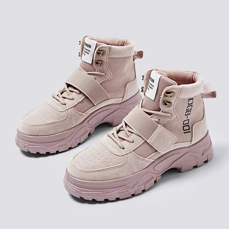 Модные женские ботильоны; кроссовки на толстой платформе со шнуровкой и пряжкой; высокие кроссовки на плоской подошве 5 см; большие размеры 40 YG-7227 - Цвет: Розовый