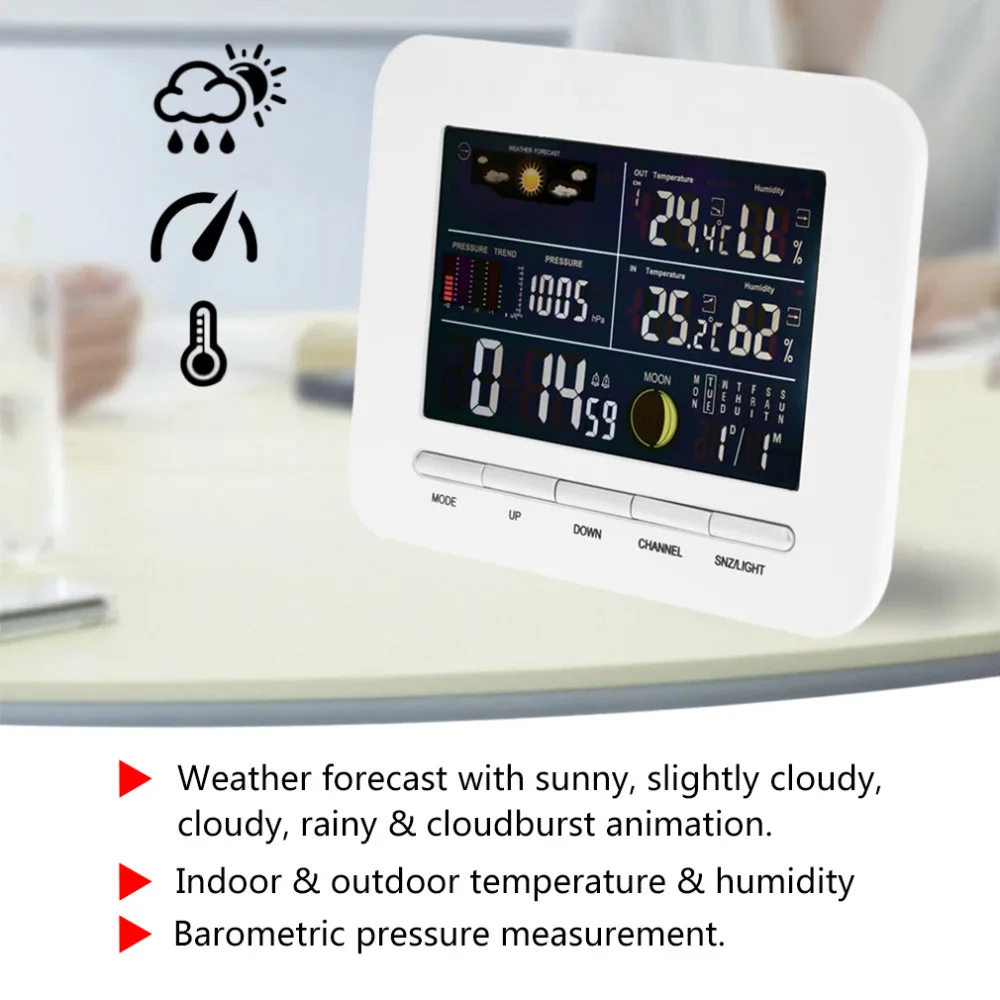 

TS-76 Wireless Professional Weather Station Indoor Outdoor Thermometer Humidity Colorful Screen Weather Station Alarm Clock
