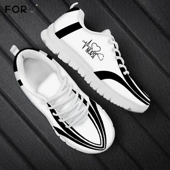 

FORUDESIGNS Nurse Heart Beat/Stethoscope Pattern Women Flats Shoes Casual Spring/Autumn Lace Up Sneakers Nursing Shoes Ladies
