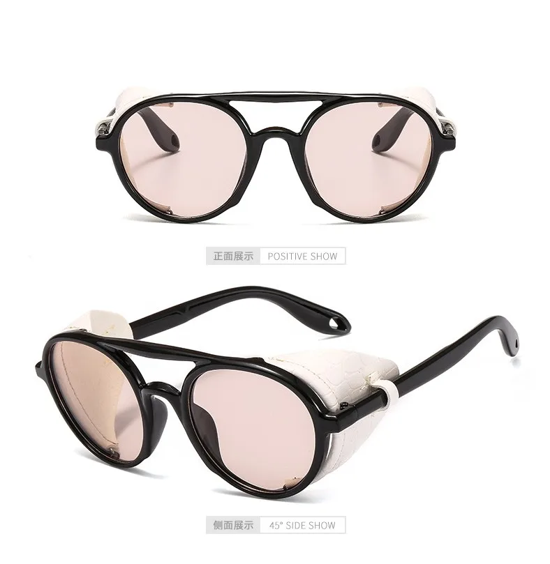 JASPEER PU кожаная оправа панк Солнцезащитные очки для мужчин роскошный бренд черный стимпанк круглые очки Женская Кнопка-заклепка солнцезащитные очки