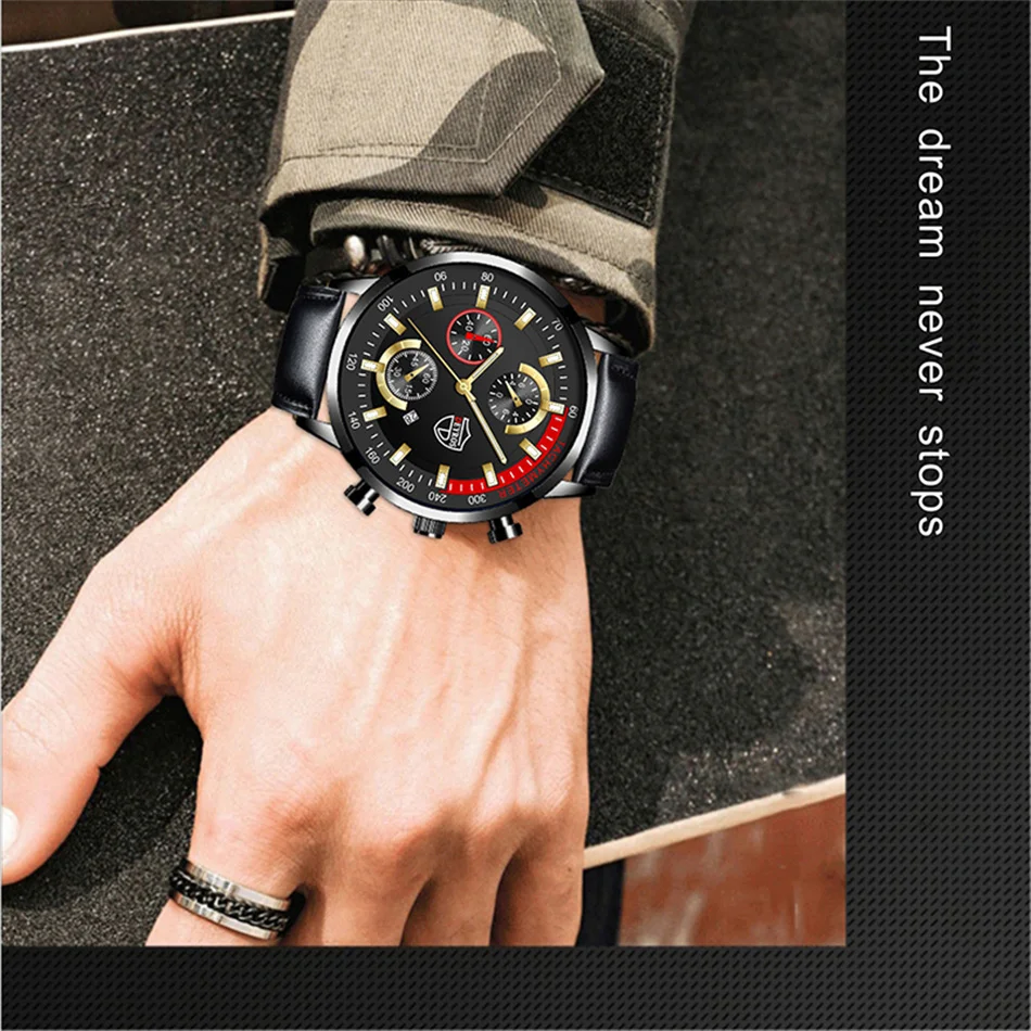 Luxury Mens Leather Watches Stainless Steel Fashion Calendar Quartz Wrist Watch Leather Bracelet Male Business Luminous Clock
