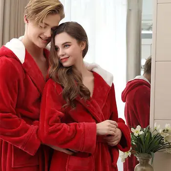 

Autumn Winter Unisex Nightgown Soft Lengthened Coralline Plush Shawl Bathrobe Long Sleeve Robe Hooded Sleepwear