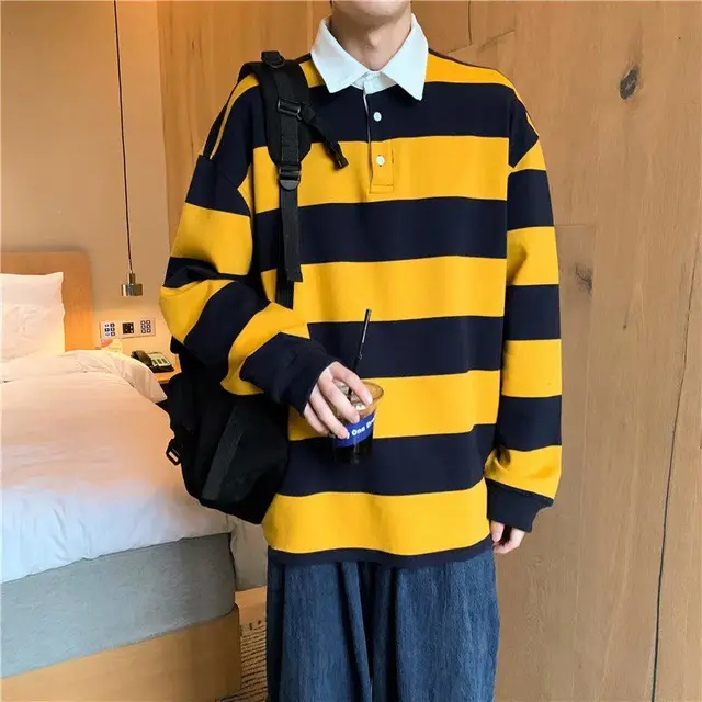 Autumn New Striped Turn-Down Long-Sleeved T-Shirt High Quality Simple Cotton Top Harajuku Hot Sale Vintage Style Unisex Clothes Yellow