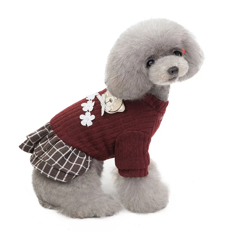 Зимняя одежда для собак с милыми цветами, юбки, теплый свитер, платья для собак для маленьких собак, верхняя одежда для питомца, вязаная крючком Ткань Джерси