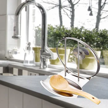 

Stainless Steel Pan Lid Rack Pot Cover Stand Spoon Holder Stove Organizer Home Storage Soup Spoon Rests Kitchen Tool