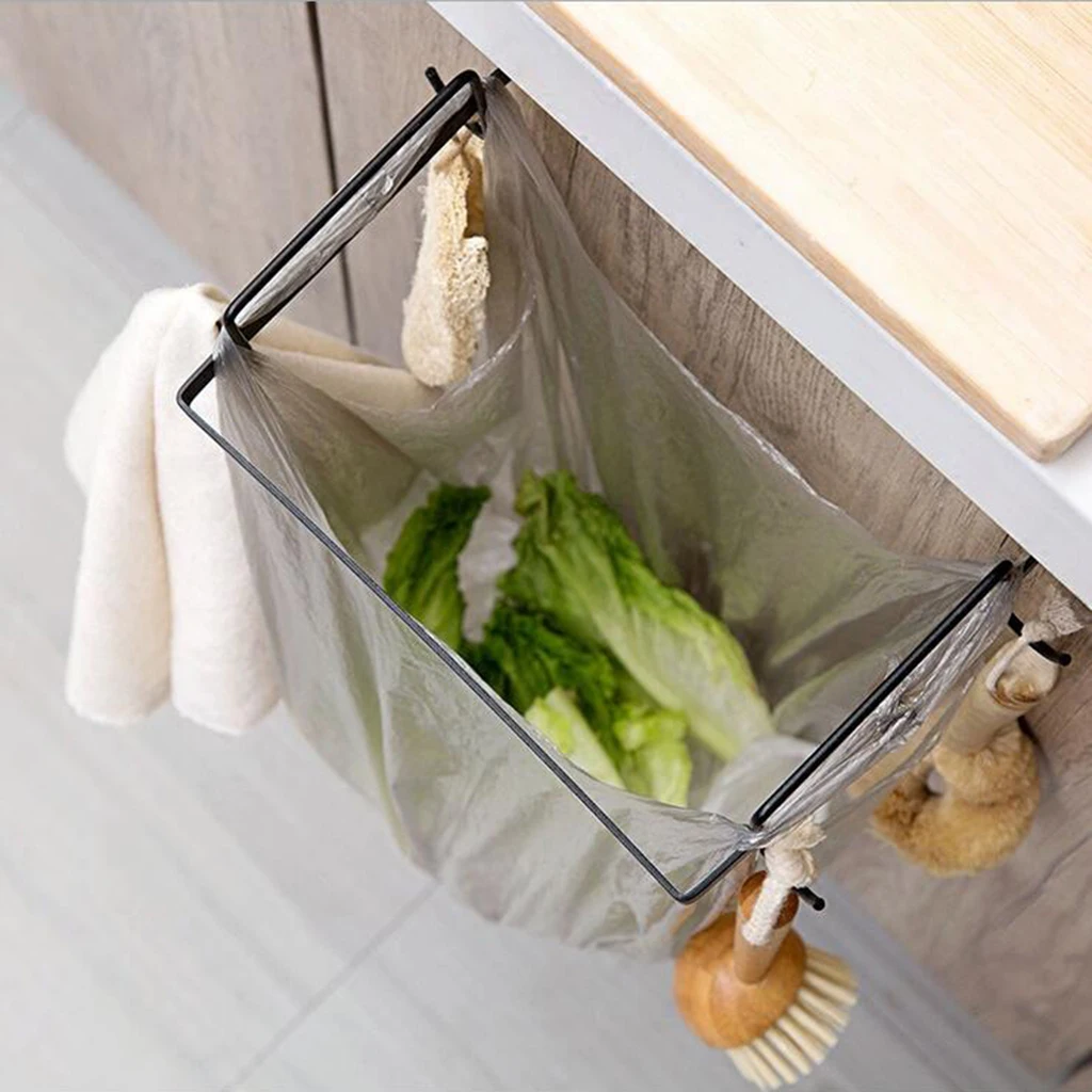 Portable Trash Bag Holder Hanging Kitchen Cupboard Door Back Style Stand Trash Garbage Bags Storage Rack, Black White