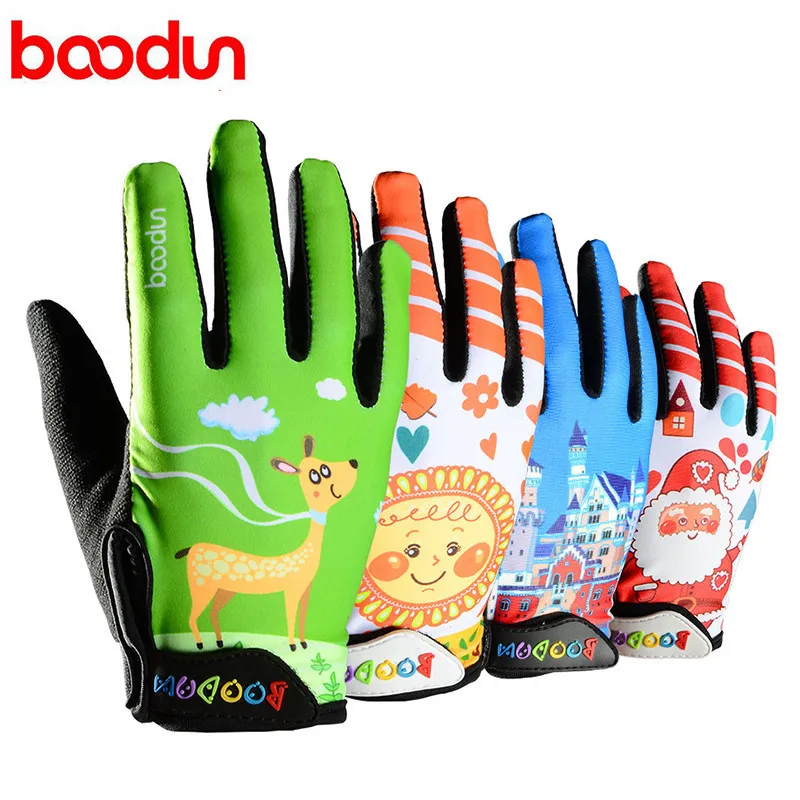 Boodun Kids Cycling Microfiber Gloves for Boy Bike Racing Riding Long Finger Tough Screen 3D Gel Gloves for Sport Wear M L