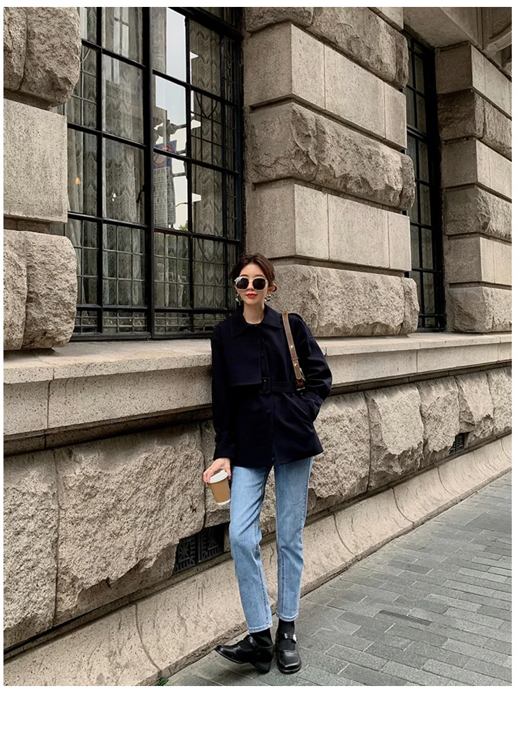New Elegant Fashion Coat Women Short Blends Coat Jacket Female Korean Version Casual Short Loose Belt Coat Femme