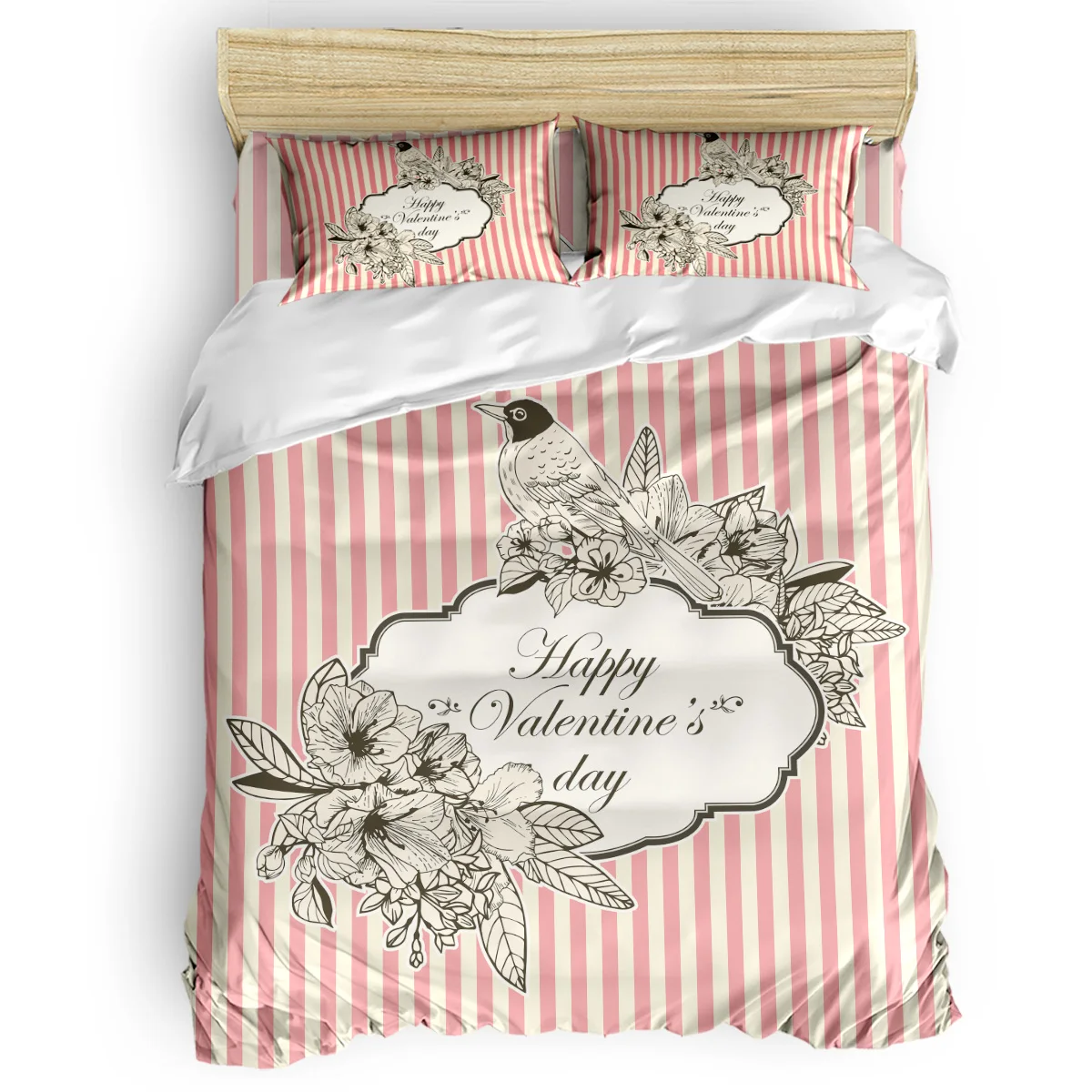 

Happy Valentine's Day Pink Stripe Vintage Duvet Cover Set View of Folkloric Serape 4 Piece Bedding Set