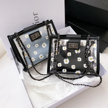 

Transparent PVC Handbag Classic Texture Creative Portable Chic Daisy Flower Clutch Totes PU Shoulder Bag Composite Set