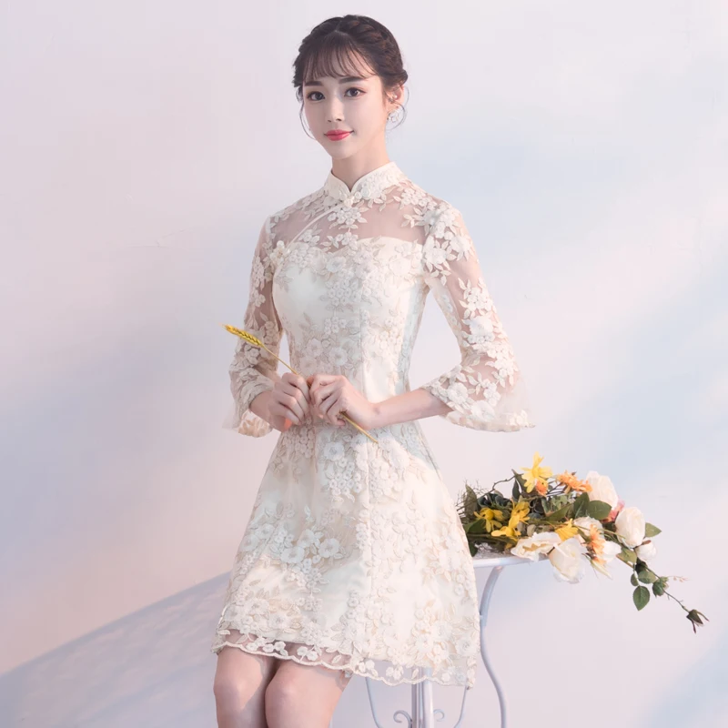 Сексуальное короткое Кружевное платье большого размера 4XL Cheongsam в китайском стиле, женское свадебное платье, новинка, рукав 3/4, воротник-стойка, Qipao Vestidos