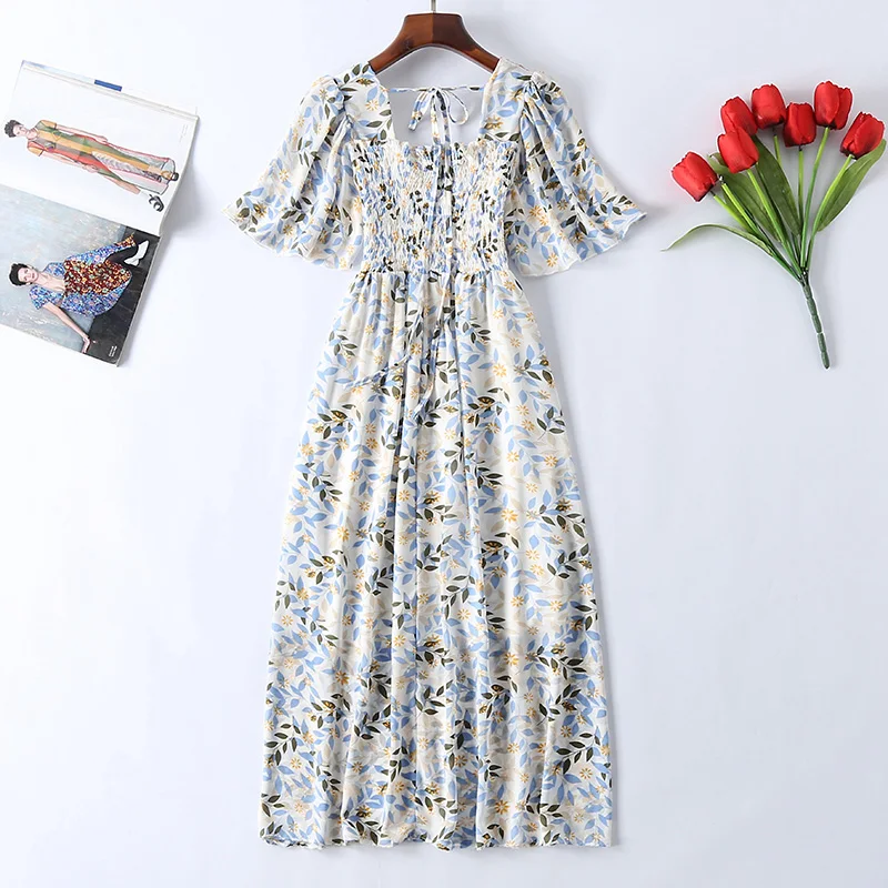 Женские летние Базовые платья, квадратный воротник, короткий рукав, принт, Vestidos, а-силуэт, высокая талия, пляжный сарафан, Robe Femme