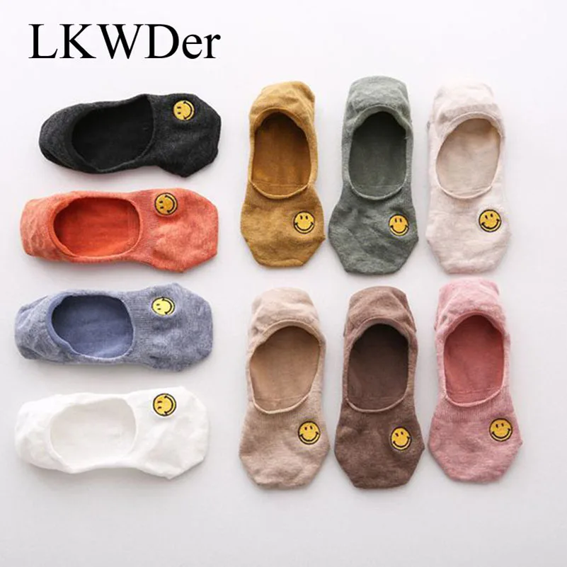 

LKWDer 5 Pairs Womens Socks 10 Color Cotton Smiling Face Embroidery Socks Summer Autumn Invisible Silicone Anti-skid Female Sock