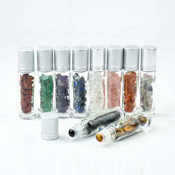 

Natural Gemstone Essential Oil Roller Ball Bottles Clear Perfumes Oil Liquids Roll On Bottles with Crystal Chips 10ml WB1979