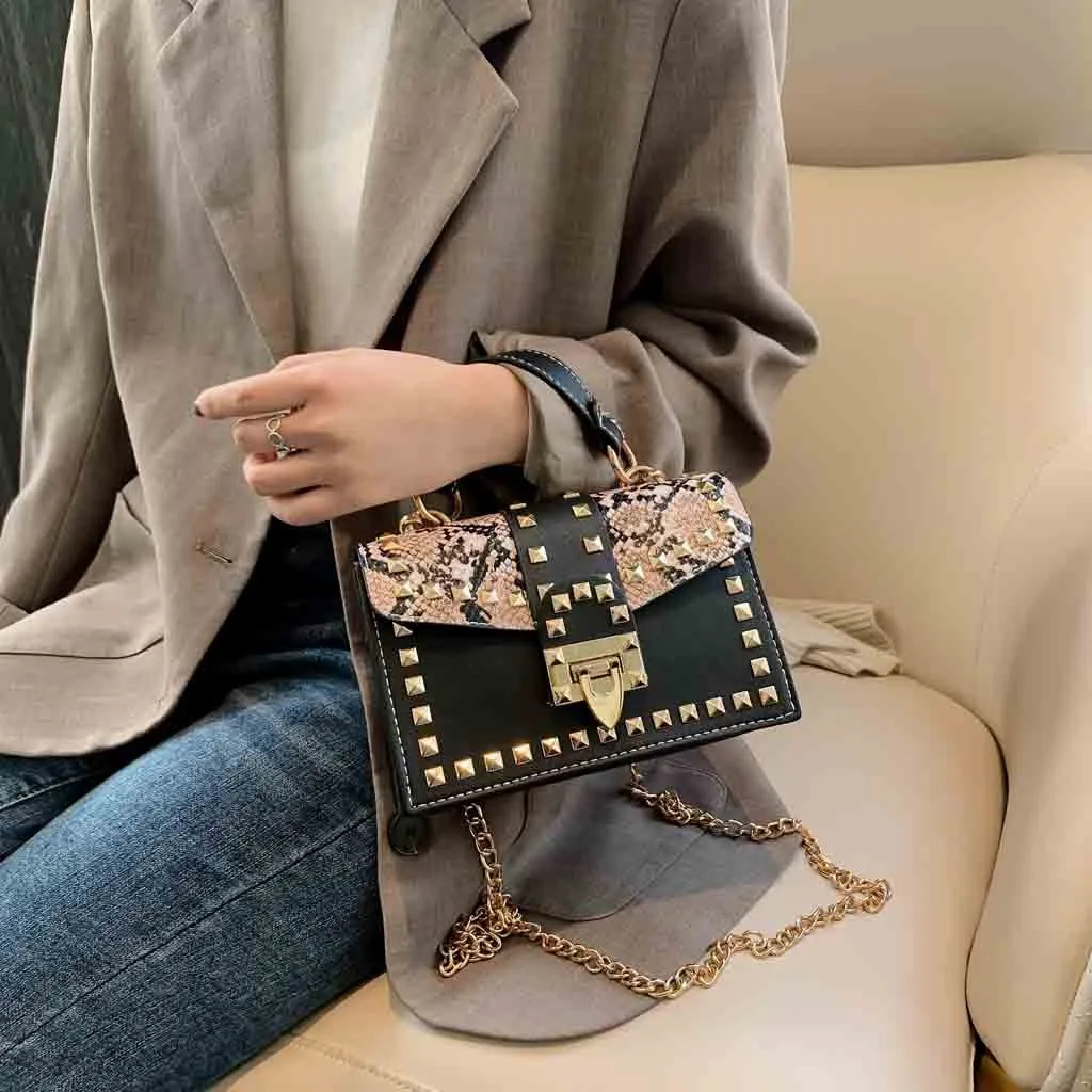 Ретро кожаные сумки через плечо для Женщин змеиная цепочка Сумочка Модные Заклепки Hasp сумка на плечо bolsa feminina