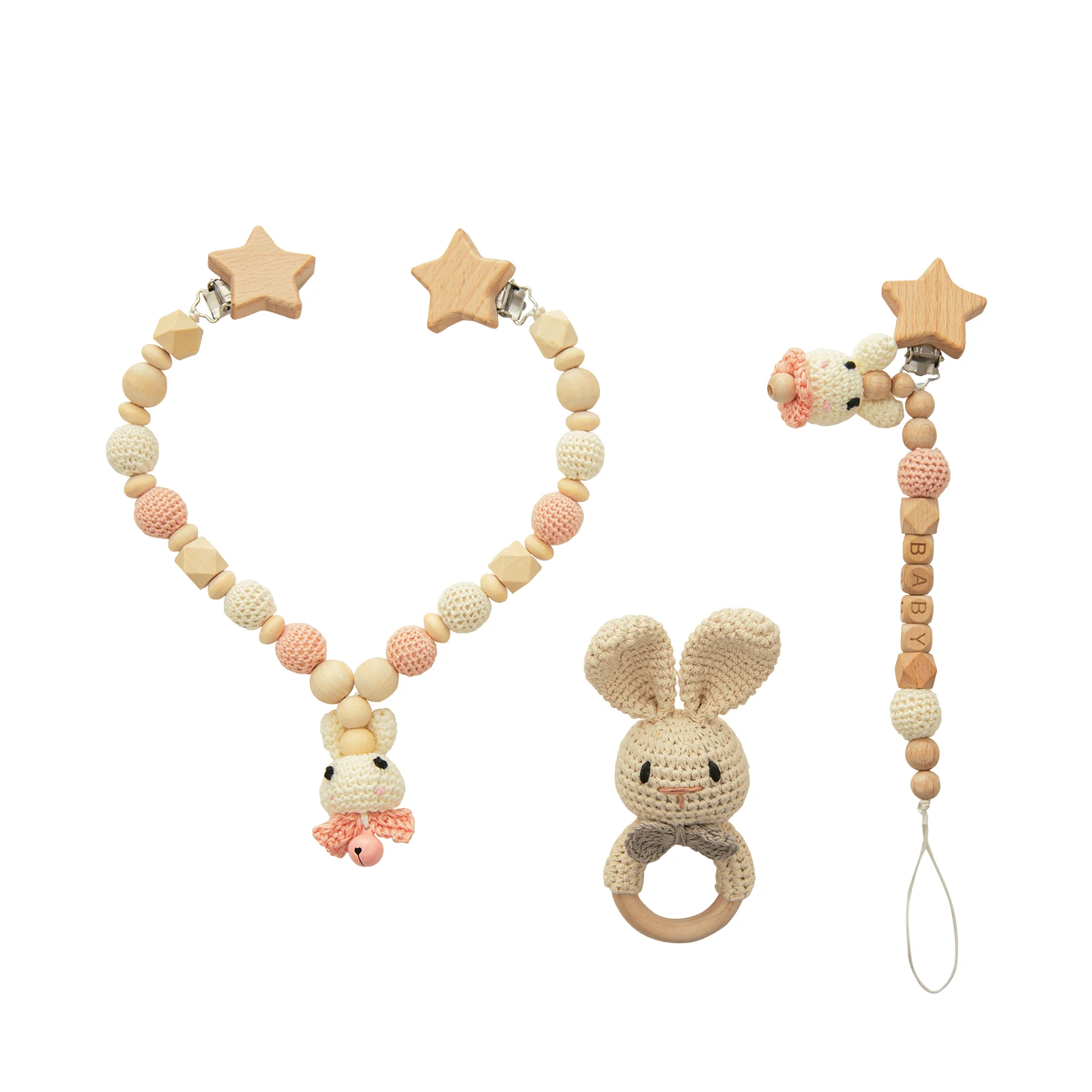 Wood Teether Baby Bed Hanging Rattles Toy Make Rabbit Elephant Shape Crochet Beads Bracelet Pram Clip Baby Rattle 7