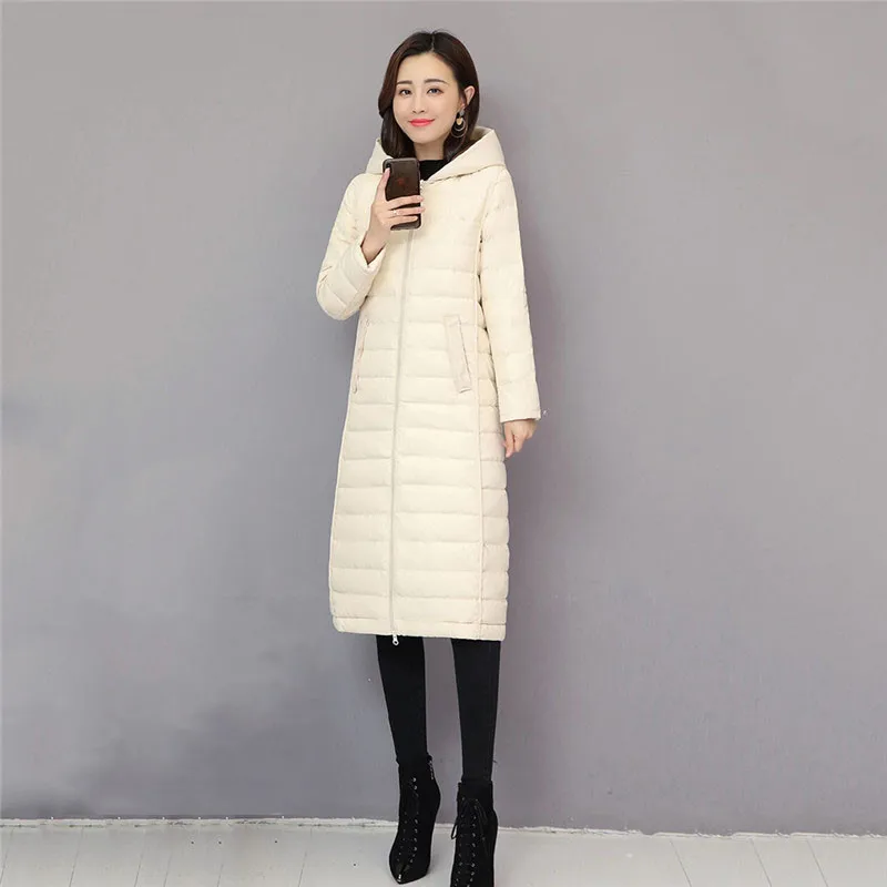 

2019 Winter New Hooded Jacket White Duck Down Knee Thin Section Down Outerwear Long Windproof Waterproof Female Overcoat YH500
