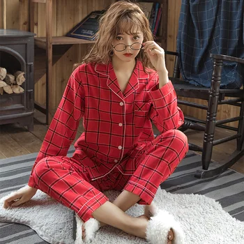 

Spring and autumn new cotton pajamas ladies suit Korean version V-neck long-sleeved cotton hooded home service largeplaidstripes