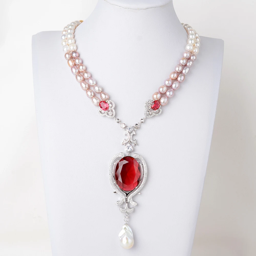 

19'' 2 Strands Cultured White /Pink/Purple Pearl Red Crystal Keshi Pearl Pendant Necklace