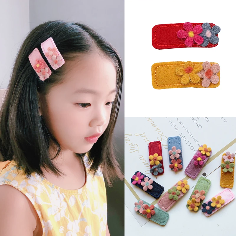 

M MISM 1pc Cute Flower Hair Clips Baby Girls Winter Headwear Wool BB Geometric Hair Barrettes Hairpins Children Hair Accessories