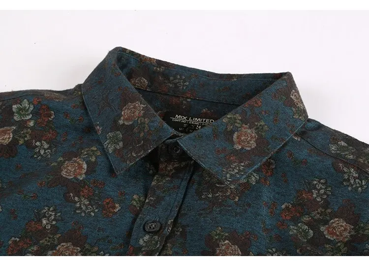 Осенняя мужская рубашка ins Новая мода цветочный принт с длинным рукавом camisa мужская Тонкая Цветочная винтажная льняная Повседневная