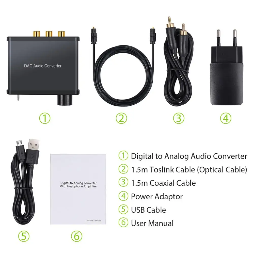 Neoteck Digital to Analog Audio Converter Adapter 192kHz DAC Support Volume Adjustment With Headphone Amplifier EU power Adapter