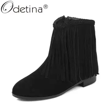 

Odetina Women Fashion Cow Leather Round Toe Moccasin Short Boots Ladies Winter Block Chunky Heel Side Zipper Fringe Ankle Boots