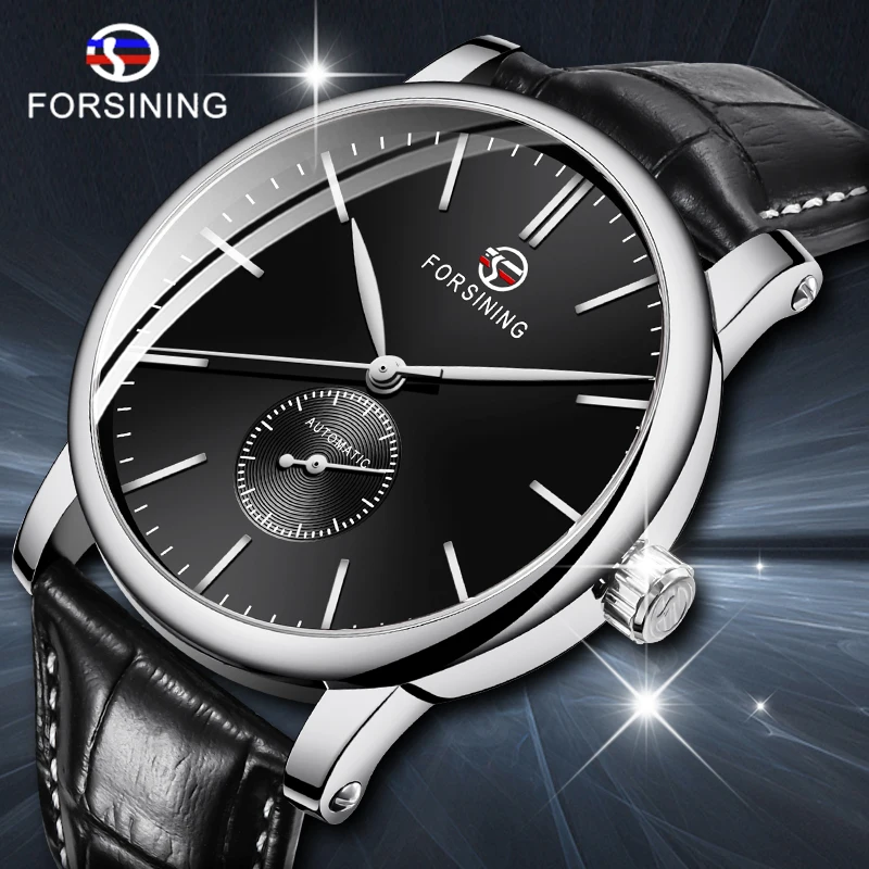 

Forsining Casual Automatic Mechanical Watch Men's Sub Dial Black Slim Simple Black Genuine Leather Strap Wristwatch Montre Homme